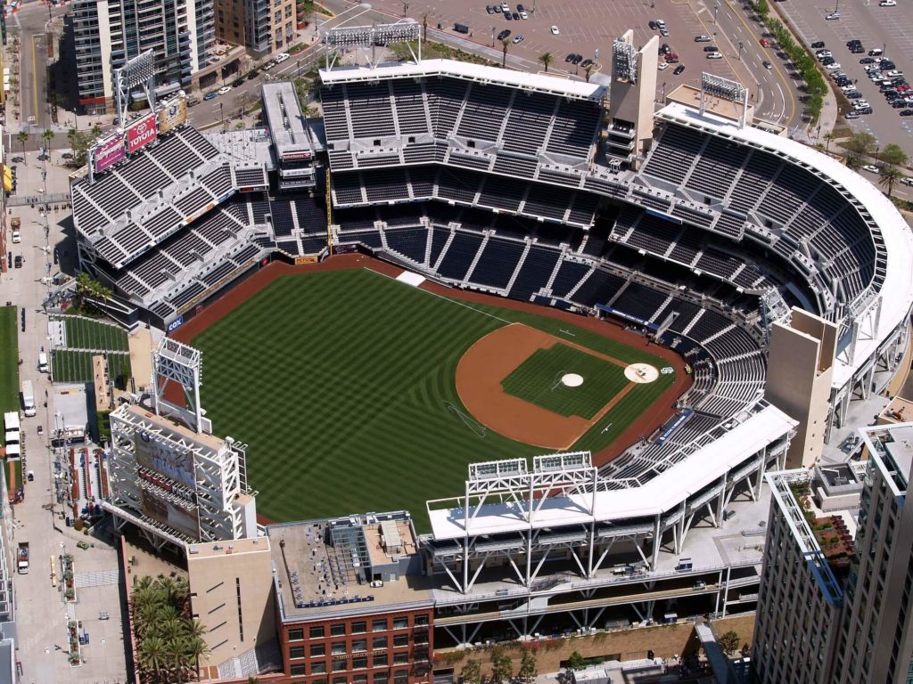 PETCO PARK Stadium picture from the air showing entire stadium and pitch from birds eye.