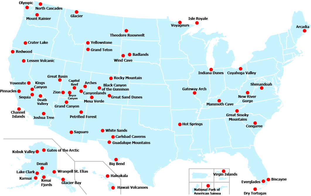 Map showing where all of the state parks are located on USA territory. Pinned with red dots.
